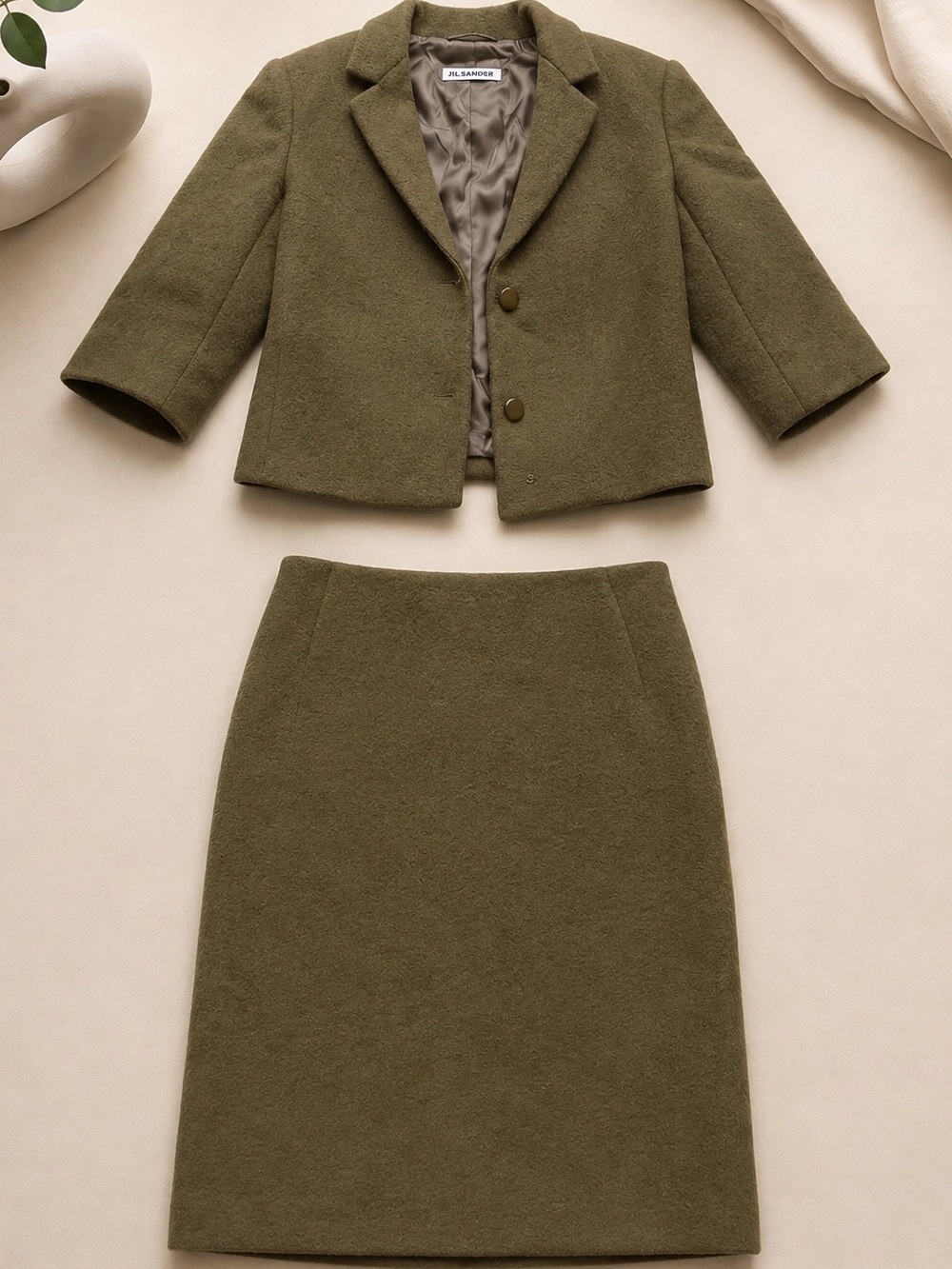 Jil Sander Olive Wool Cropped Blazer and Pencil Skirt Set